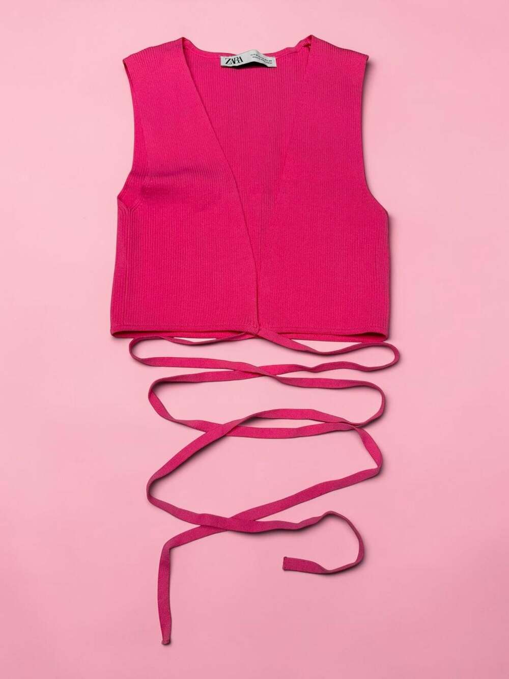 ZARA Pink Ribbed Knit Wrap Cropped V-Neck Top - M